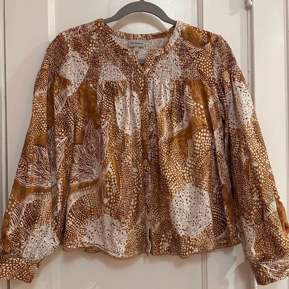 Anthropologie “The Odells” linen-blend peasant blouse w/ ruching Sz S